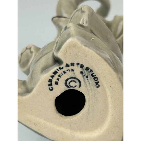 Elephant Figurine Ceramic Arts Studio Pottery Gray Eyelashes Vintage Trunk Up - Picture 10 of 12
